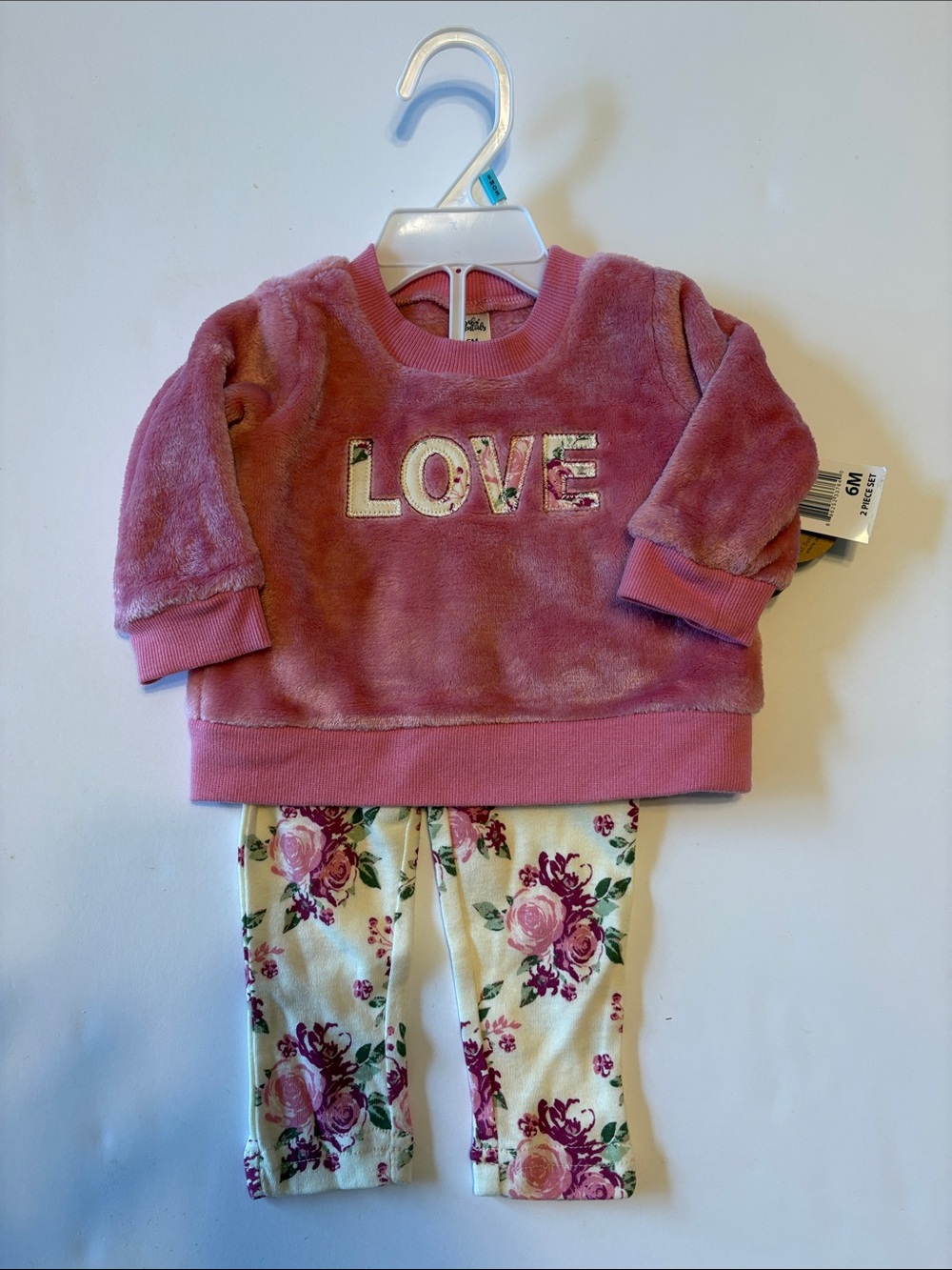 Baby Essentials Pink Plush "LOVE" Top with Cream Floral Leggings